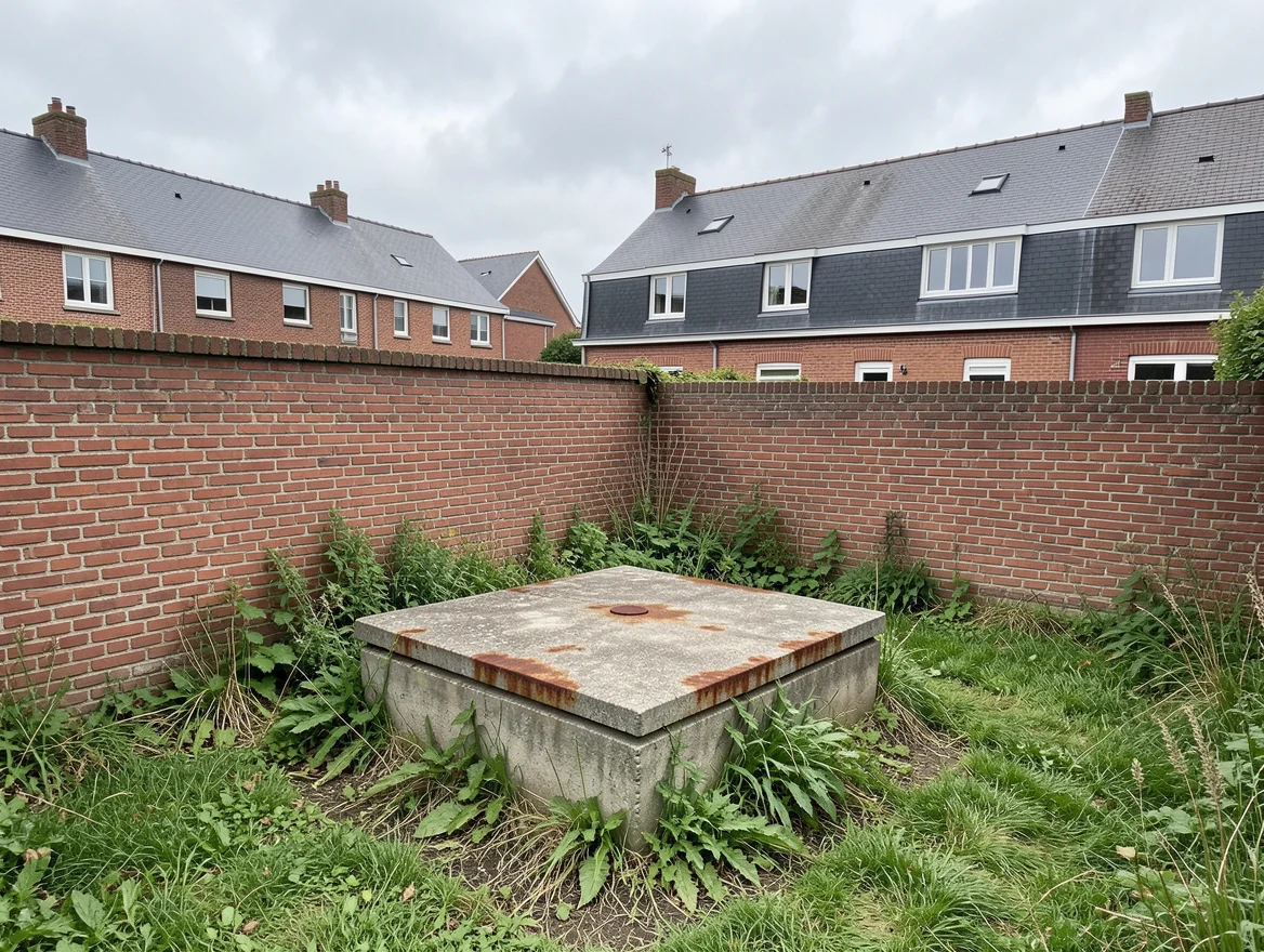 Ancien regard de fosse septique en béton au fond d'un jardin