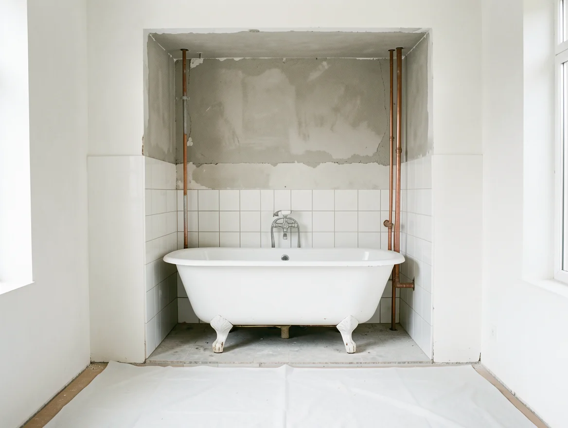 Ancienne baignoire avant sa dépose, faïence retirée autour
