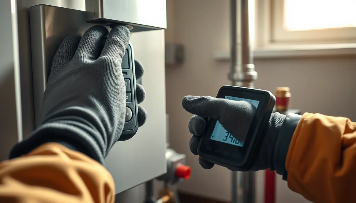 Technicien qualifié mesurant le taux de monoxyde de carbone avec un analyseur de combustion sur une chaudière gaz