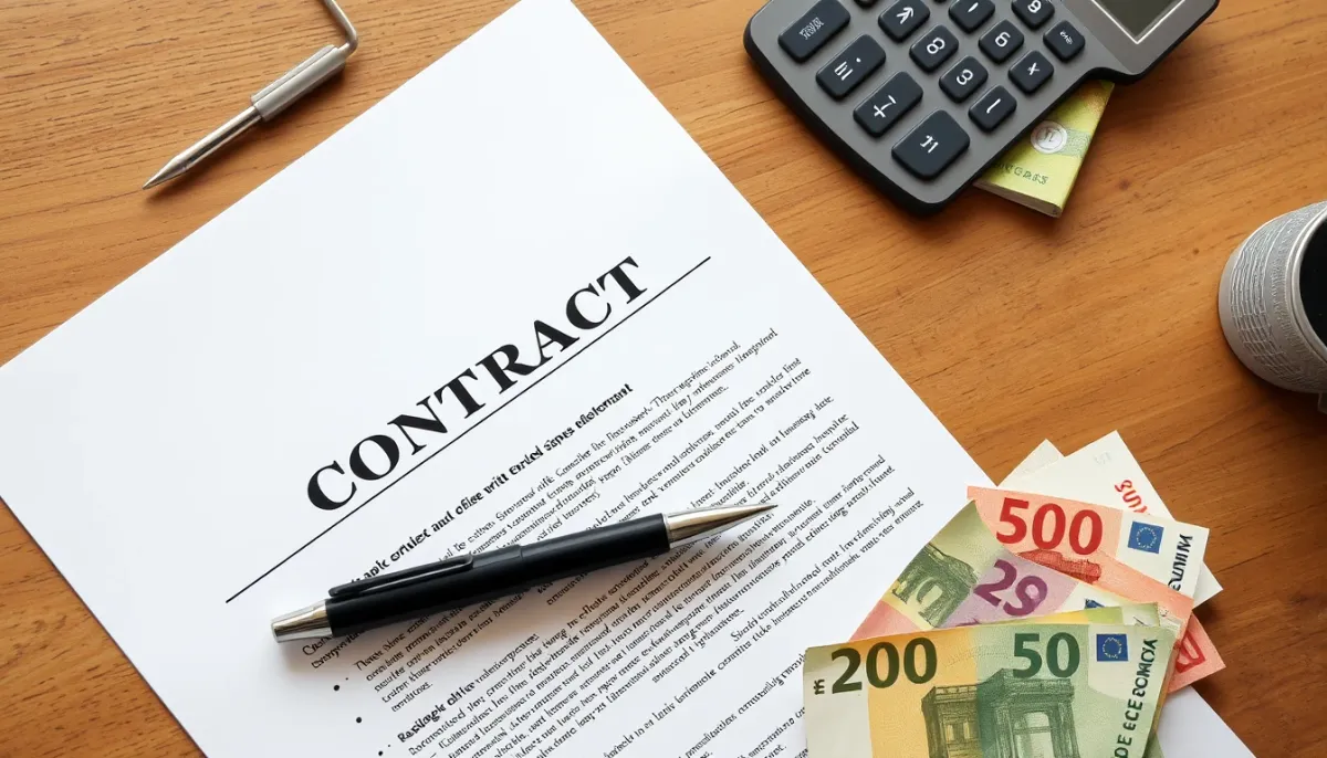 Contrat d'entretien de chaudière gaz avec calculatrice et billets en euros sur une table en bois