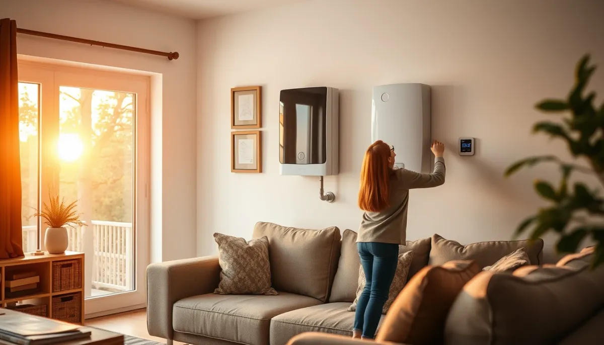 Salon confortable avec chaudière gaz murale en arrière-plan et une personne réglant le thermostat
