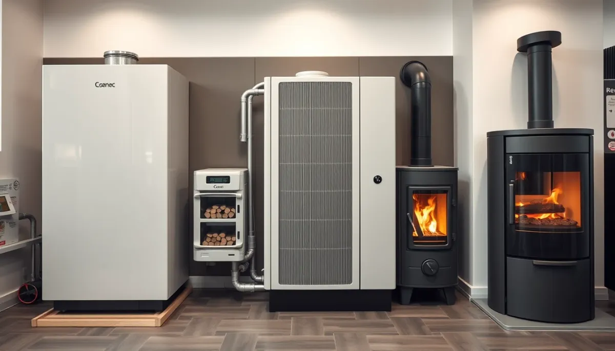 Comparatif visuel entre une chaudière gaz, une pompe à chaleur et un poêle à granulés dans un showroom