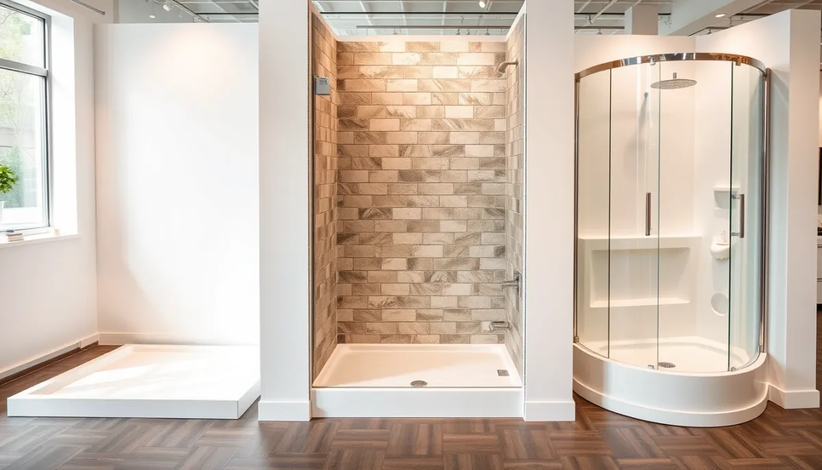Comparatif de trois types de douches : receveur extra-plat, douche carrelée et receveur classique