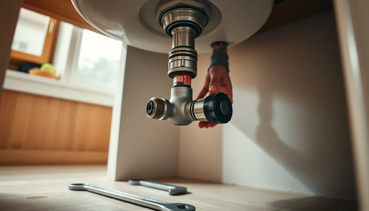 Mains d'un particulier fermant le robinet d'arrêt d'eau général sous un évier de cuisine