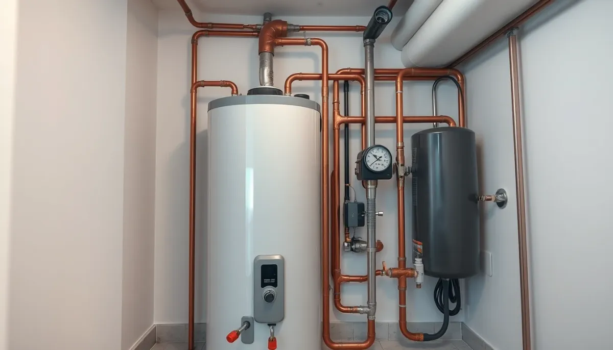 Chauffe-eau moderne et installation de plomberie entretenue dans une buanderie