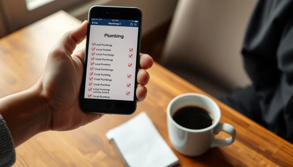 Main tenant un smartphone avec une liste de plombiers locaux vérifiés, prête à appeler