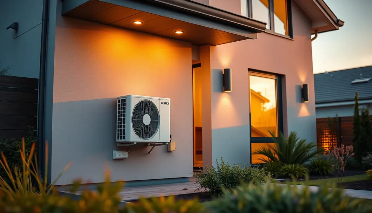 Unité extérieure de climatisation réversible installée sur la façade d'une maison individuelle moderne