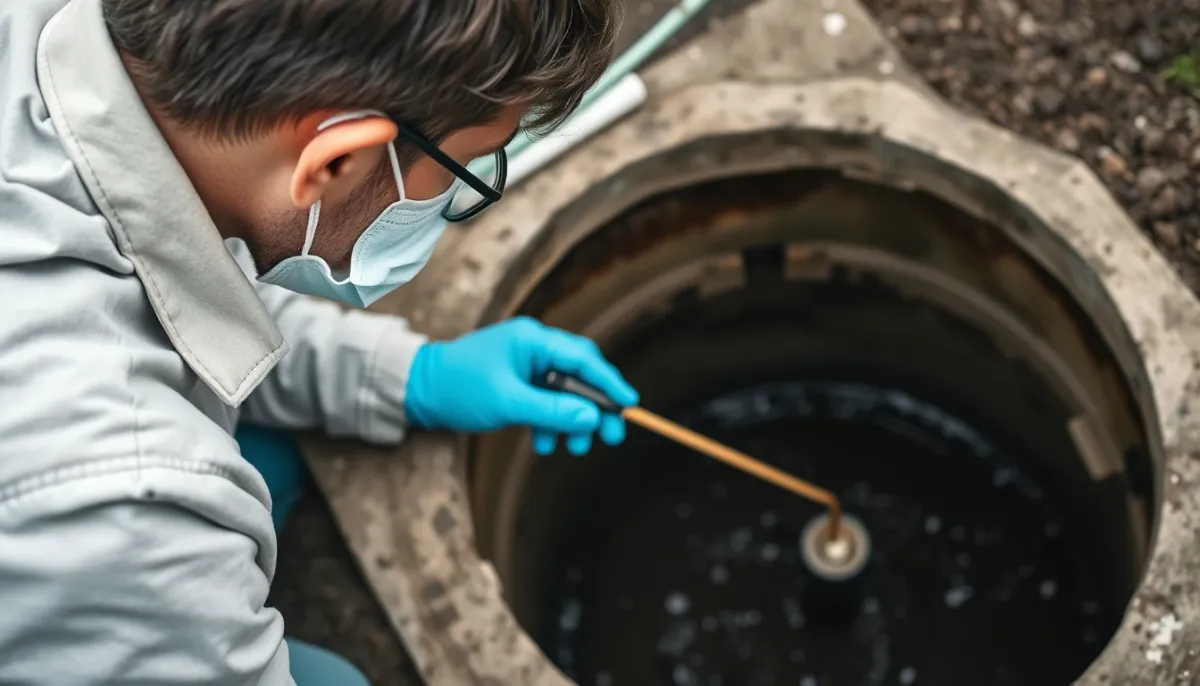 Vérification du niveau des boues dans une fosse septique avec une sonde