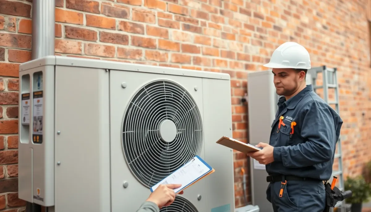 Technicien certifié RGE contrôlant une pompe à chaleur air/eau dans le Nord
