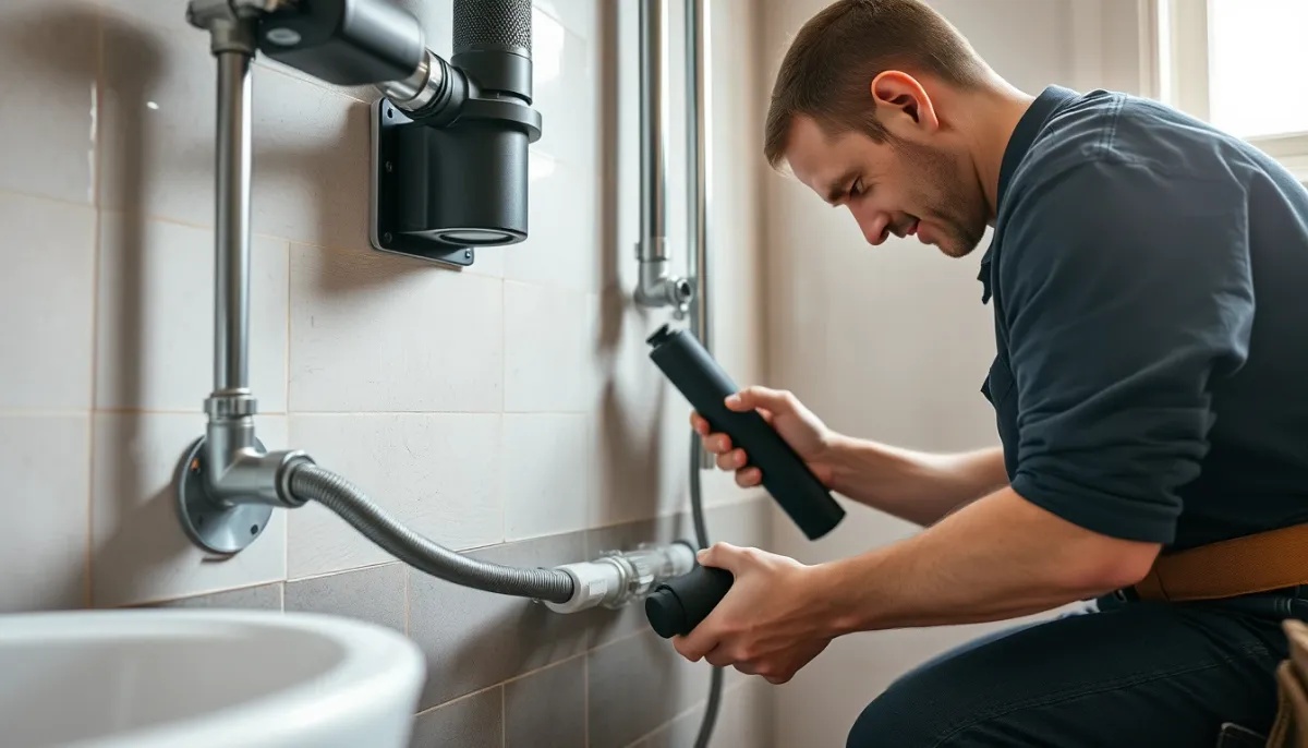 Plombier installant des tuyaux et une membrane d'étanchéité dans une salle de bains