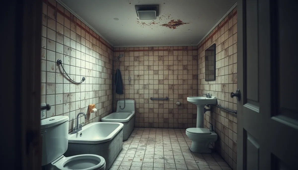 Salle de bains ancienne et vétuste nécessitant une rénovation
