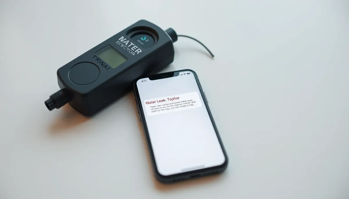 Détecteur de fuite d'eau connecté et smartphone affichant une notification d'alerte
