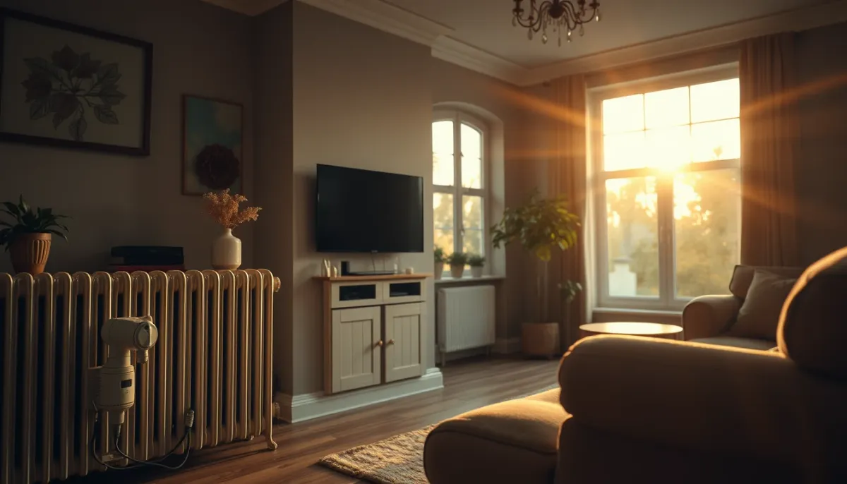 Détecteur de fuite d'eau discret dans un salon confortable, près d'un radiateur, lumière dorée