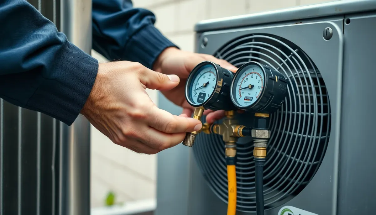 Technicien utilisant un manifold numérique pour contrôler la pression d'une climatisation réversible