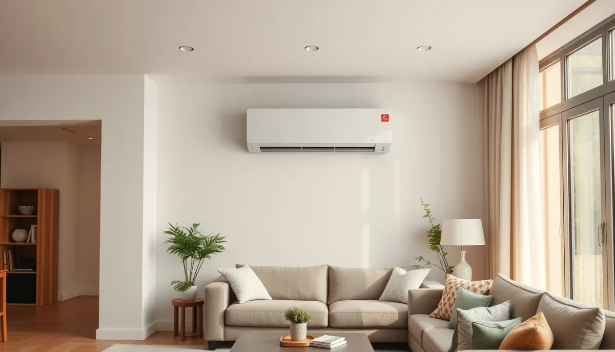 Unité intérieure de climatisation réversible installée dans un salon moderne