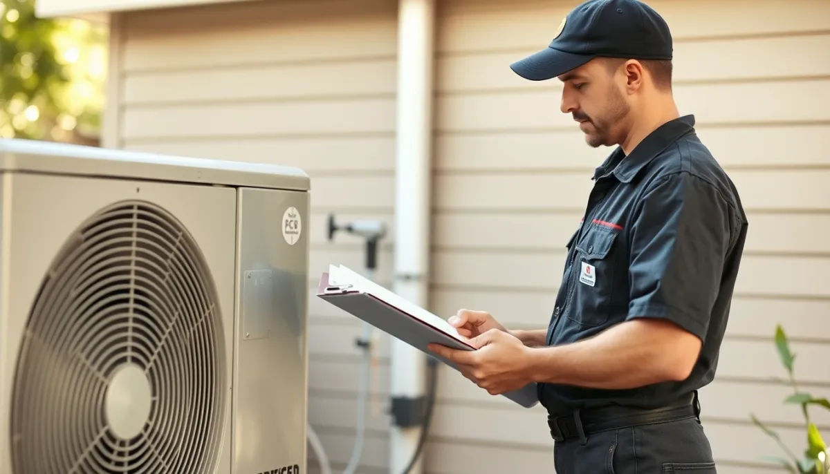 Technicien certifié effectuant l'entretien d'une climatisation réversible