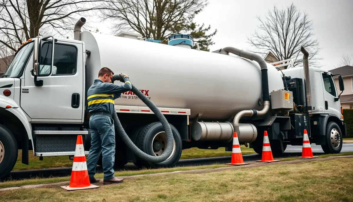 Camion de vidange et technicien intervenant sur une fosse septique résidentielle