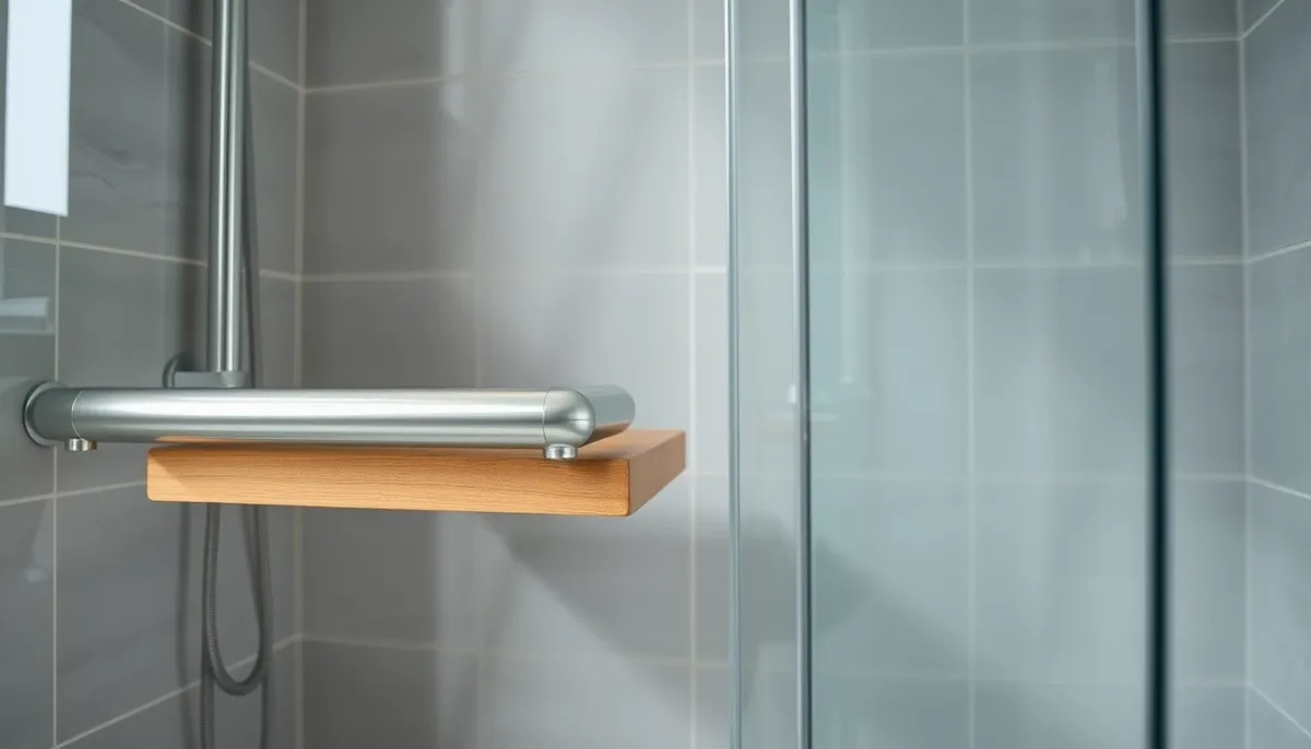 Détail d'une douche senior avec barre d'appui en inox et siège rabattable en teck