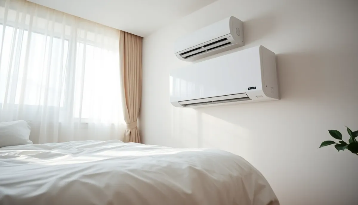 Unité intérieure de climatisation murale compacte dans une chambre apaisante