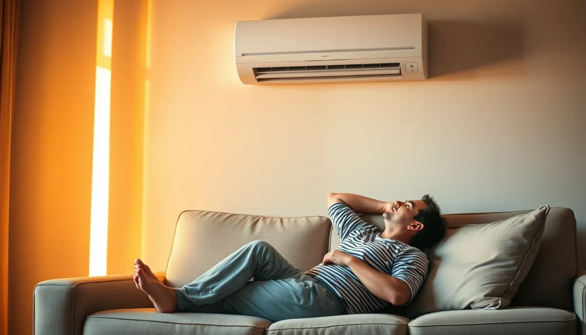 Personne se détendant sur un canapé sous une climatisation murale en fin de journée