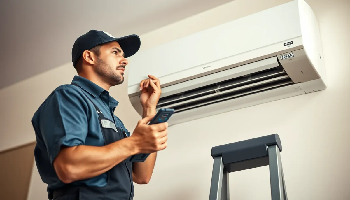 Technicien installant une climatisation murale dans une pièce