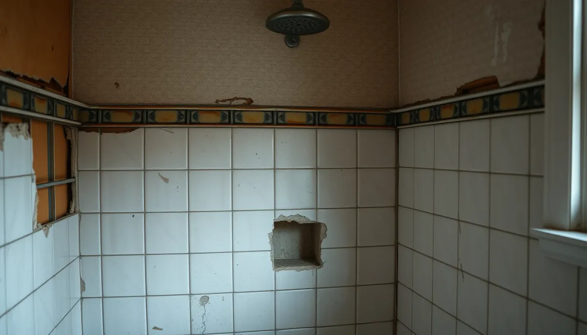 Dépose partielle de carrelage révélant des plaques de plâtre détrempées et une ossature métallique rouillée