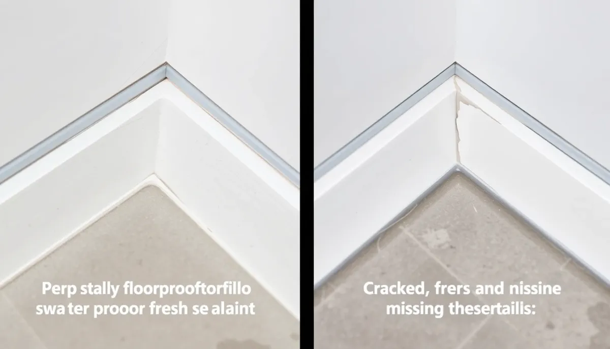 Comparaison de deux angles de douche : un avec bande d'étanchéité et mastic neuf, l'autre avec mastic fissuré et manquant