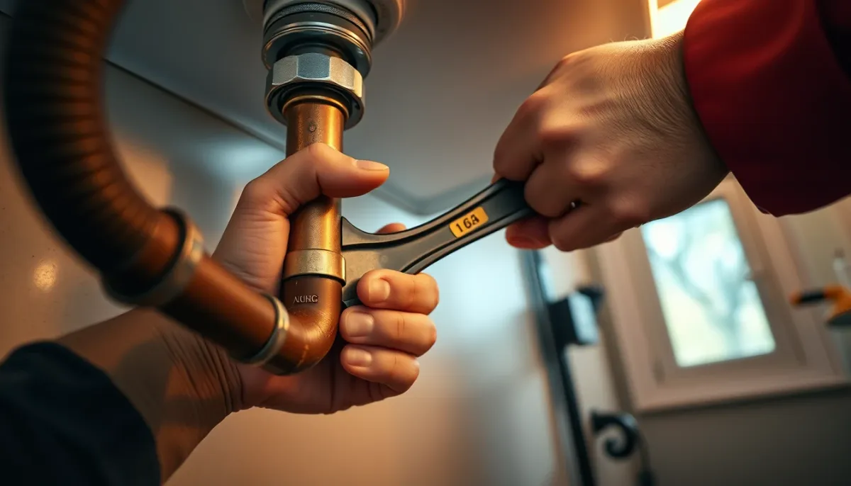 Gros plan sur les mains d'un plombier utilisant une clé sur un tuyau en cuivre sous un évier