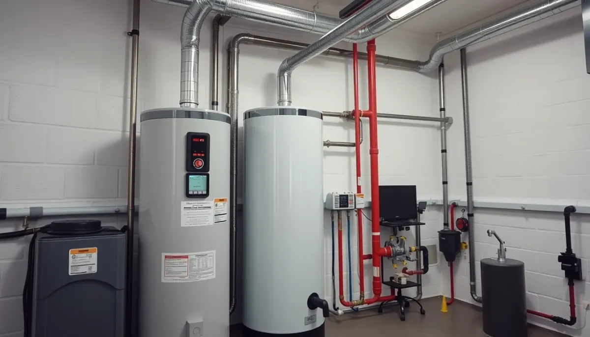 Chauffe-eau moderne et tuyauterie dans une buanderie propre et organisée