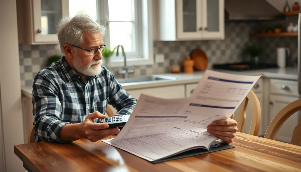 Propriétaire examinant une facture de plomberie avec une calculatrice sur une table de cuisine