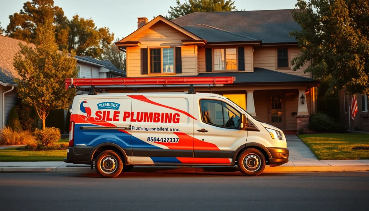 Camionnette de plombier stationnée devant une maison résidentielle au coucher du soleil