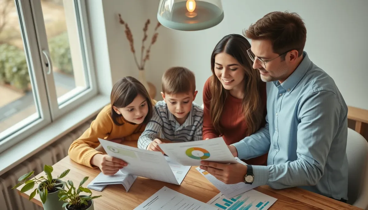 Famille consultant les documents d'aides pour un chauffe-eau solaire