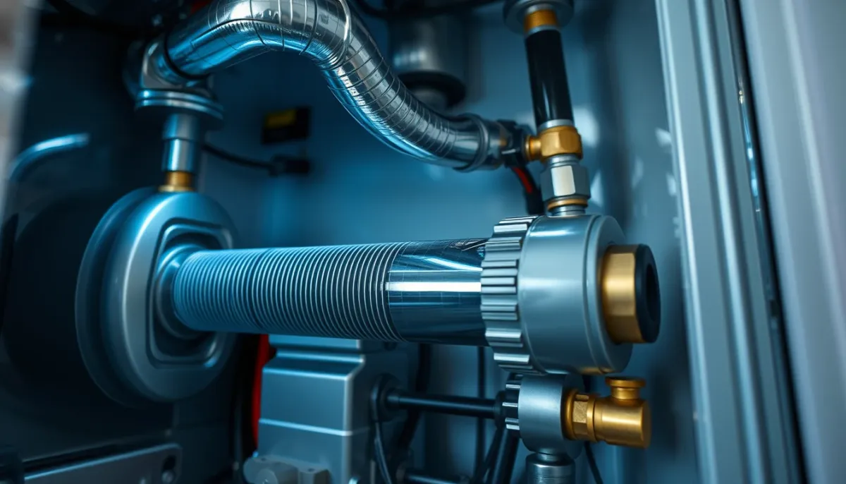 Vue rapprochée des composants internes d'une chaudière à condensation Saunier Duval