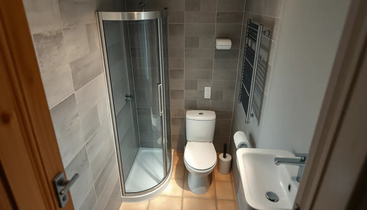 Petite salle de bains rénovée avec douche compacte, WC et lavabo optimisant l'espace