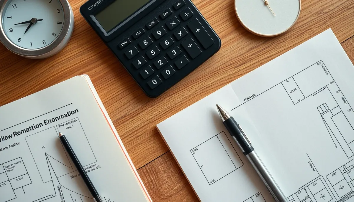 Planification financière pour la rénovation d'une salle de bains avec calculatrice et devis