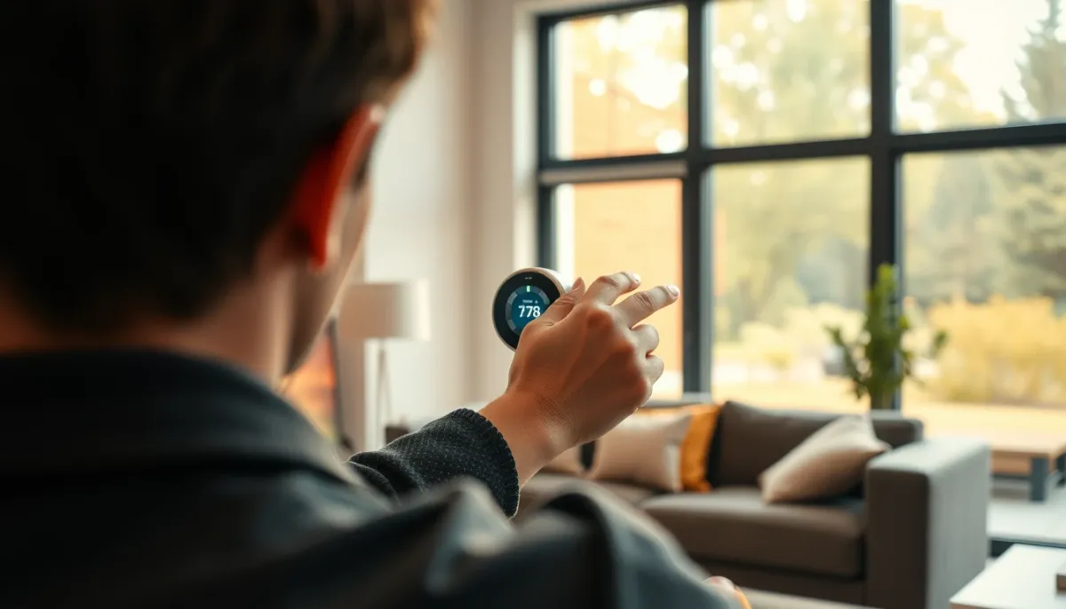 Personne réglant un thermostat connecté dans un salon lumineux