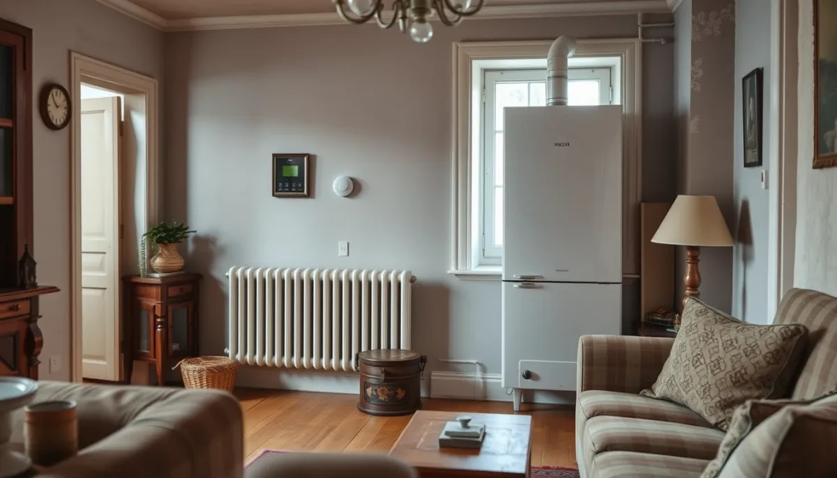 Salon confortable d'une maison ancienne équipée d'un chauffage à condensation