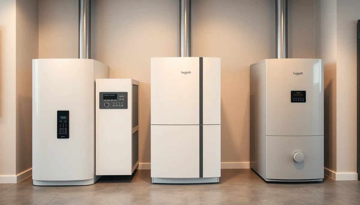 Comparatif de trois chaudières gaz à condensation exposées côte à côte