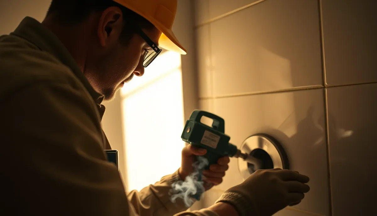 Plombier réalisant un test fumigène pour localiser une fuite de gaz d'égout