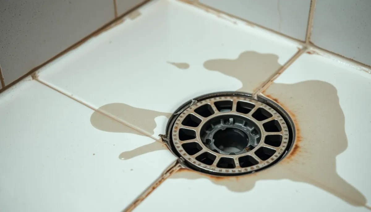 Bonde de douche endommagée avec joint craquelé et traces d'humidité