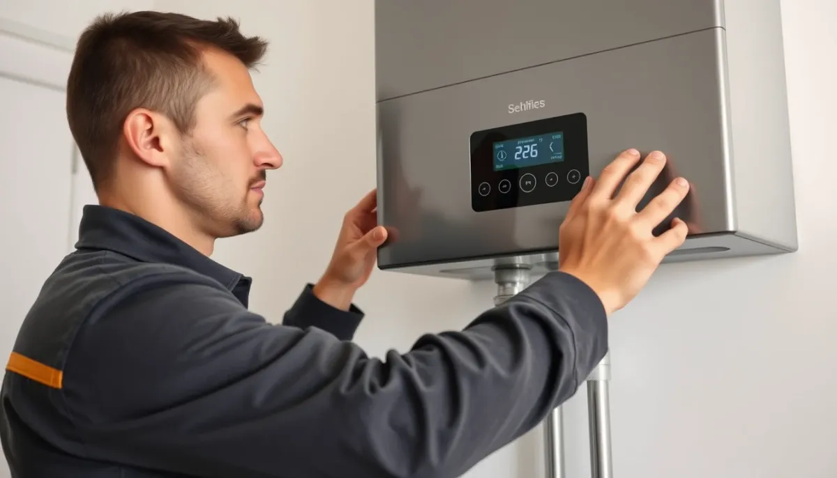 Technicien réglant une chaudière gaz à condensation avec un thermostat digital