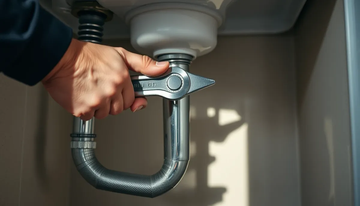 Gros plan sur les mains d'un plombier réparant une canalisation