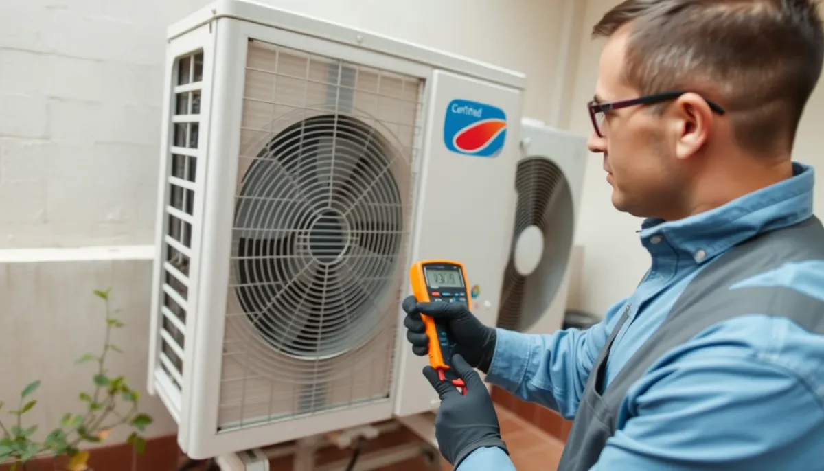 Technicien frigoriste vérifiant l'unité extérieure d'une climatisation
