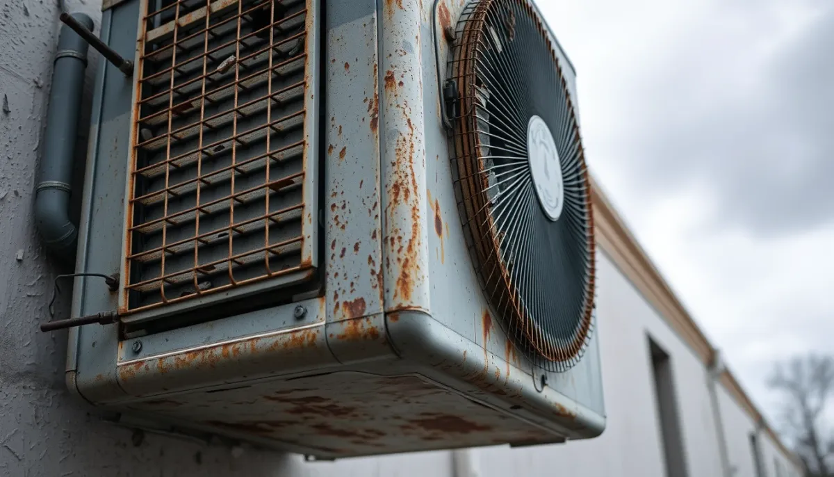 Unité extérieure de climatisation ancienne et usée