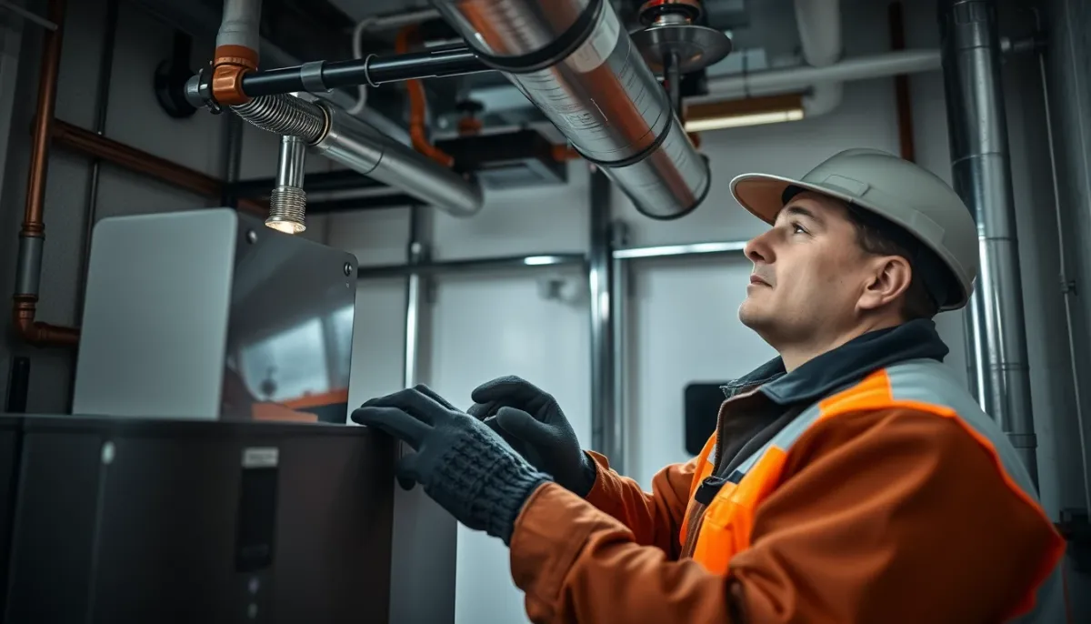 Technicien qualifié installant un neutraliseur de condensats sous une chaudière à condensation