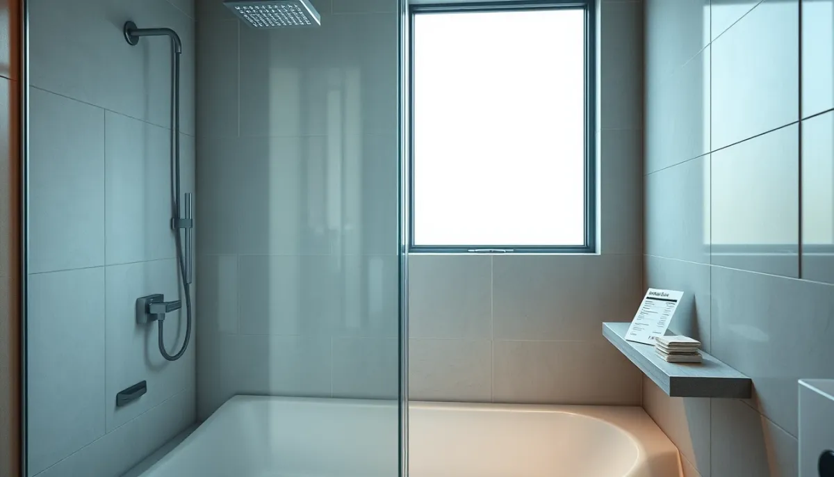 Salle de bains avec paroi de douche fixe et éléments de budget posé