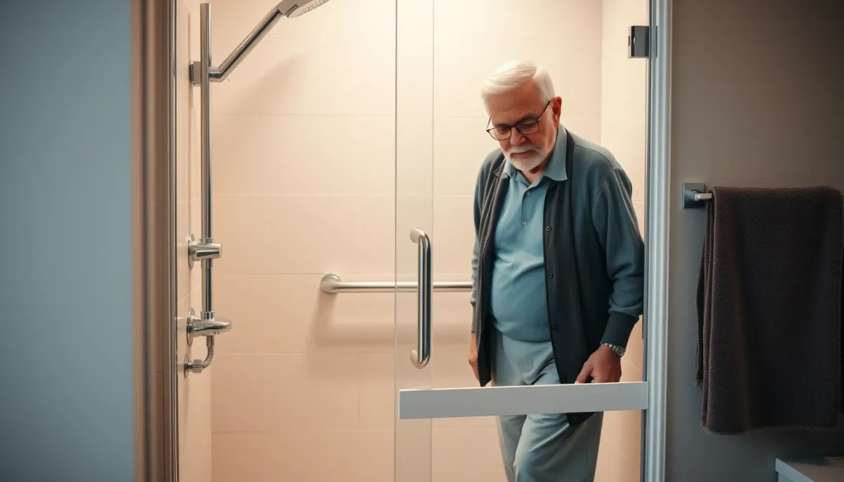 Douche sans porte accessible pour personne à mobilité réduite avec barre d'appui