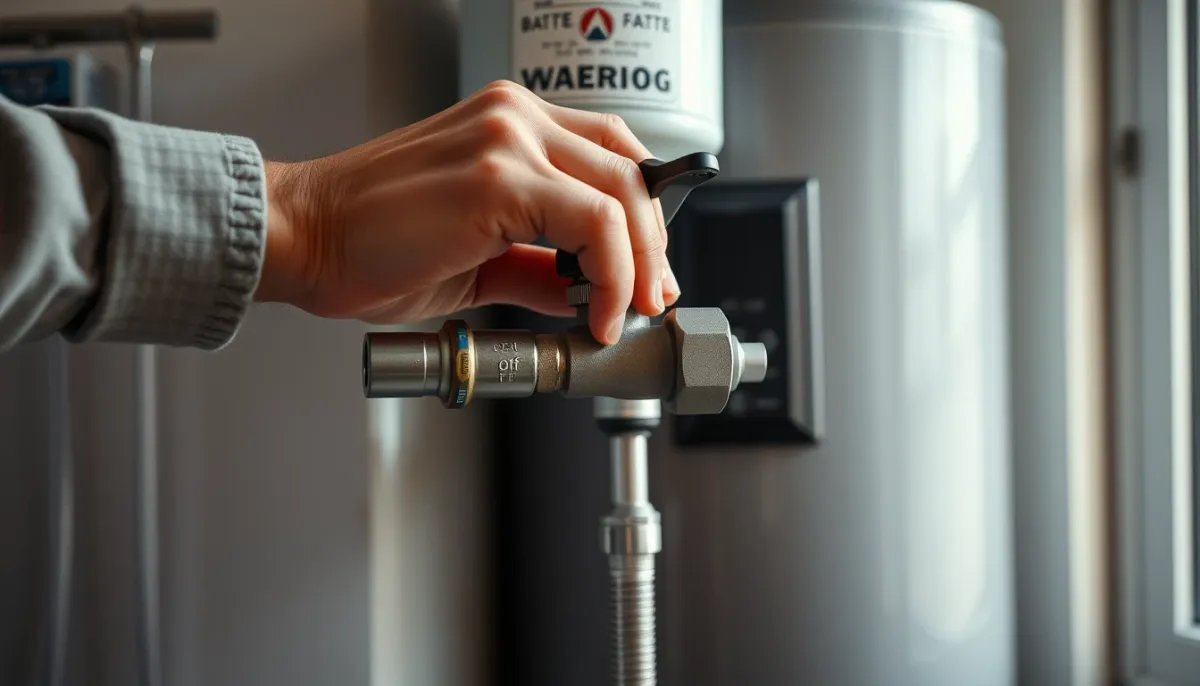 Mains fermant une vanne d'arrêt d'eau sur un chauffe-eau