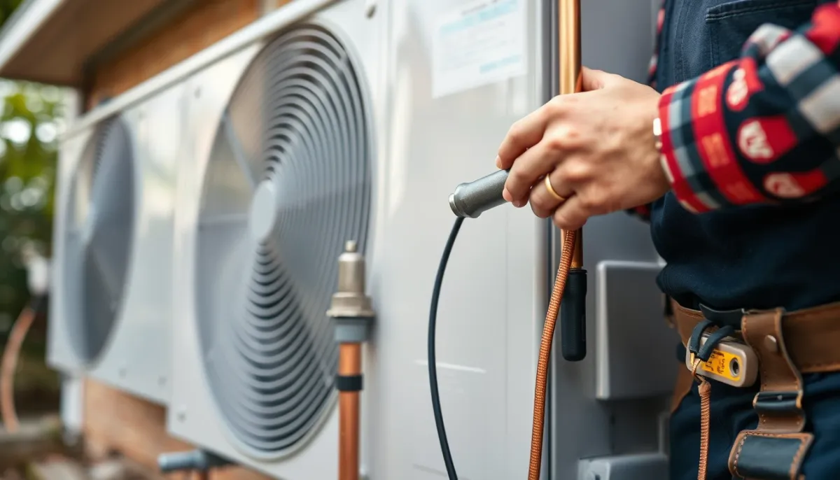 Installation d'une unité extérieure de pompe à chaleur par un technicien