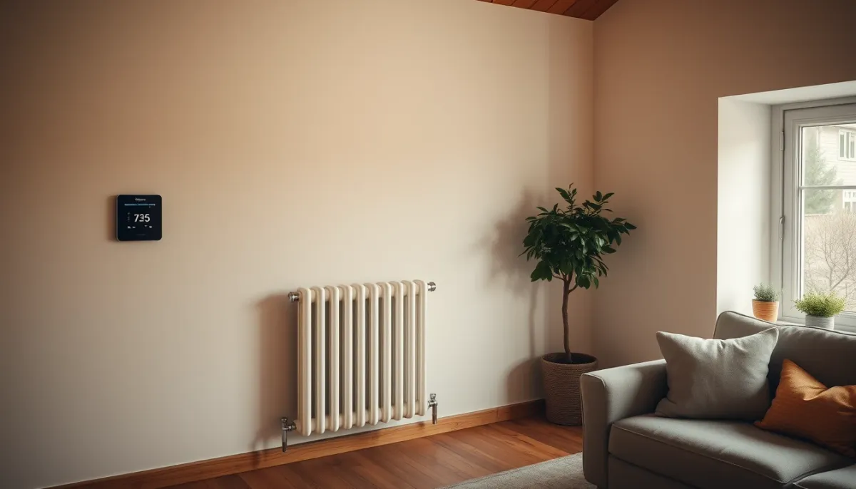 Salon équipé d'un radiateur basse température et d'un thermostat de pompe à chaleur